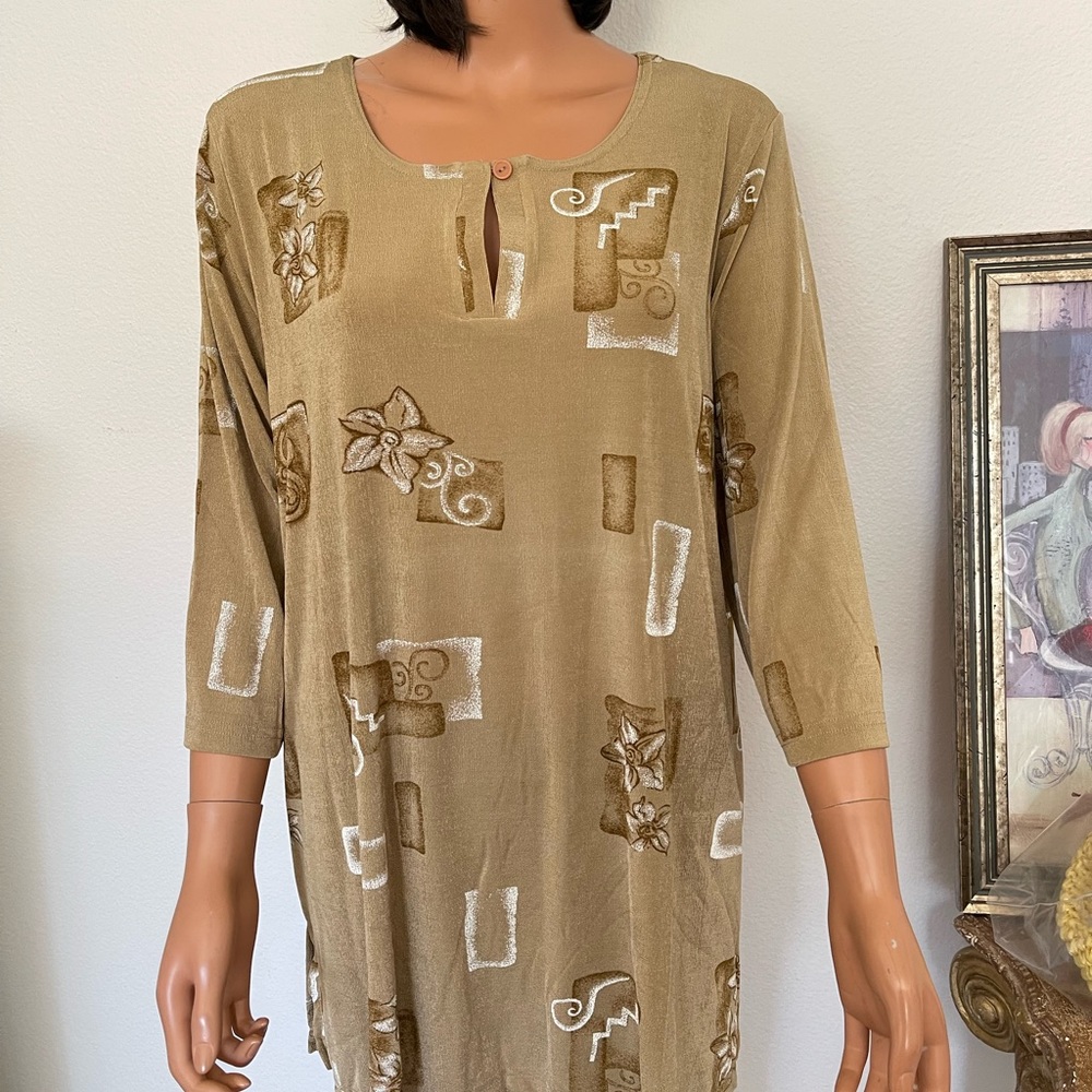 Carolyn Strauss Collection Plus Size 1X Tunic Beige Brown White Designer Chic